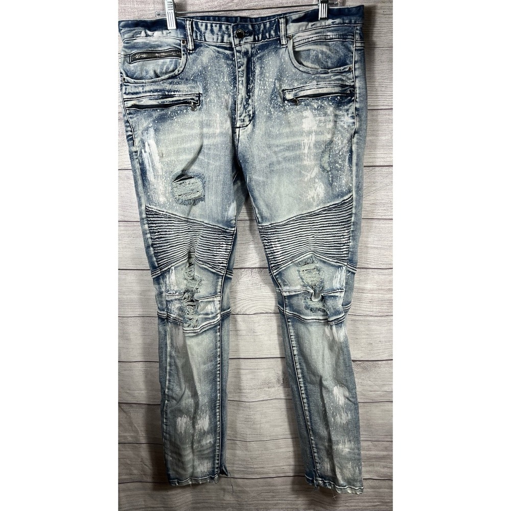 Rockstar Original Men's Distressed Light Blue Biker Denim Slim Fit Jeans